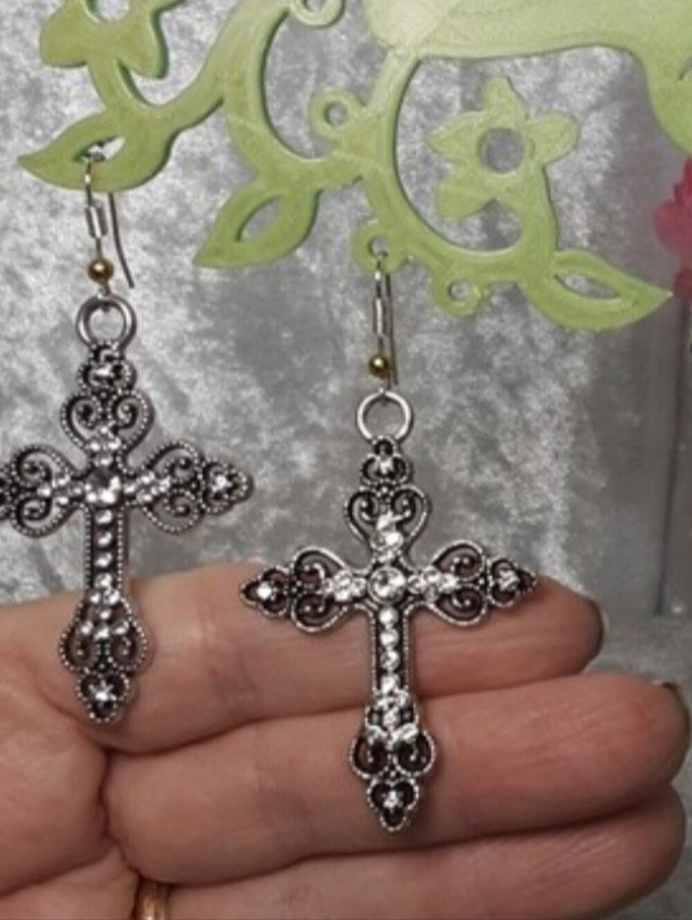 Handmade Crystal Silvertone Cross Earrings